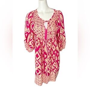 Qearal V Neck 3/4 Sleeve Boho Floral Printed Loose Short Summer Dress Size L